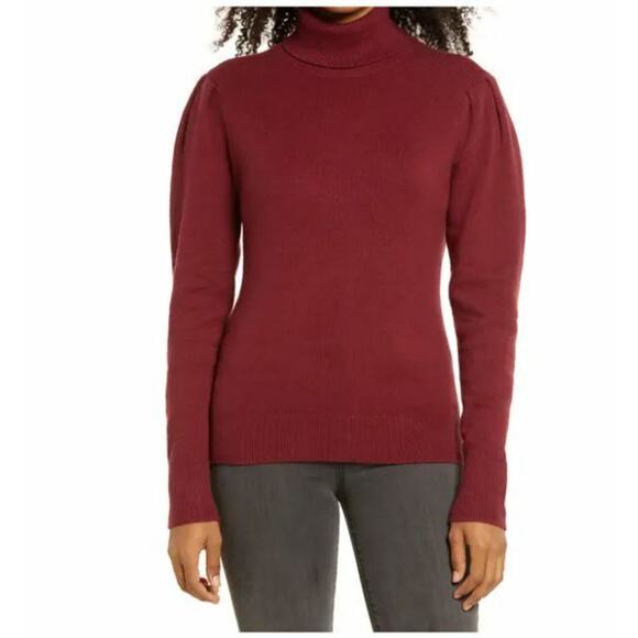 RACHEL PARCELL NEW $79 Puff Shoulder Turtleneck Sweater Red Cordavan XXS‎ - Picture 1 of 3